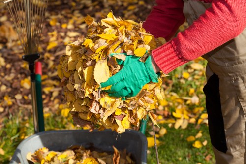 A person wearing bright red sleeves and green gloves is seen collecting yellow and brown fallen leaves, which are being gathered into a dense, compacted bundle. The scene takes place outdoors in a garden or park with a background of more fallen leaves on the ground, some green grass visible, and a garden rake positioned on the left side of the image. The person appears to be engaged in garden clearance, aimed at tidying up a leaf-covered area, with a wheelbarrow partially visible beneath the leaves for collection or disposal, indicating work related to garden or outdoor rubbish removal services in Kilburn or nearby areas. The lighting is natural, suggesting a bright autumn day, emphasizing the vibrant colors of the leaves and the practical nature of outdoor rubbish collection activities, consistent with services offered by Kilburn House Clearance for garden waste disposal.