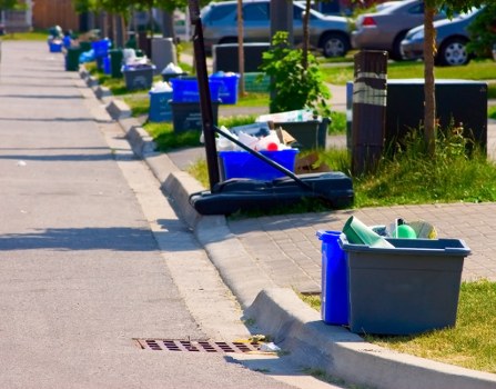 A photograph of a residential street shows several blue and gray plastic rubbish bins placed along the sidewalk on the right side, with some overflowing with household waste such as plastic bottles and packaging. A black handled broom is leaning against one of the bins, suggesting ongoing clearing activity. The street appears to be in a suburban area with a paved sidewalk, a grassy verge, and small trees spaced evenly along the pavement. In the background, parked cars and green gardens are visible, indicative of a typical neighbourhood setting. The bins are positioned near curb edges, with some partially on the pavement and others on the grassy area, highlighting typical rubbish collection points in a local area. The lighting suggests a bright day with natural daylight illuminating the scene. This image relates closely to rubbish removal services in Kilburn or surrounding areas, as provided by Kilburn House Clearance.